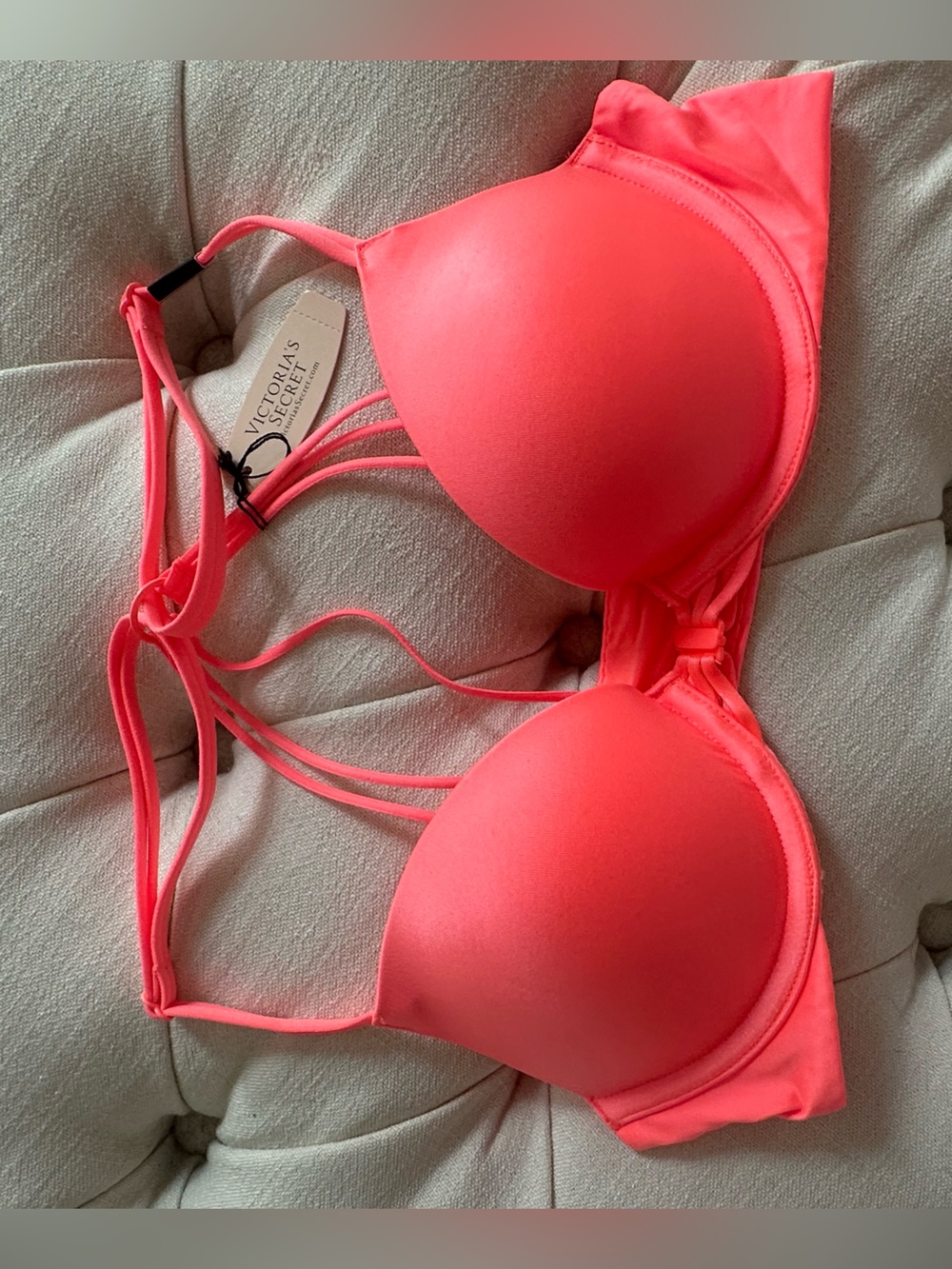 Victoria's Secret Neon Coral Push-Up Bra with Strappy Back